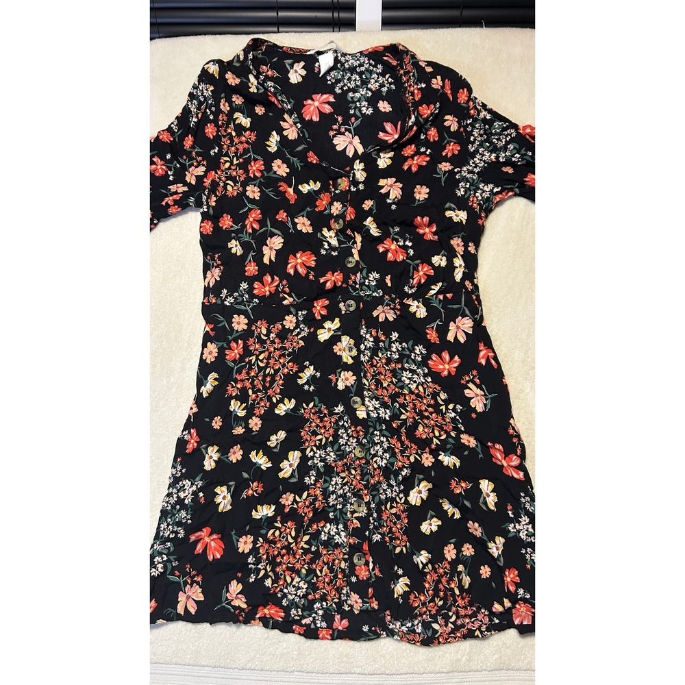 H&M Button Down Dress Women 12 Black Floral Short Sleeve V-Neck Mini Casual